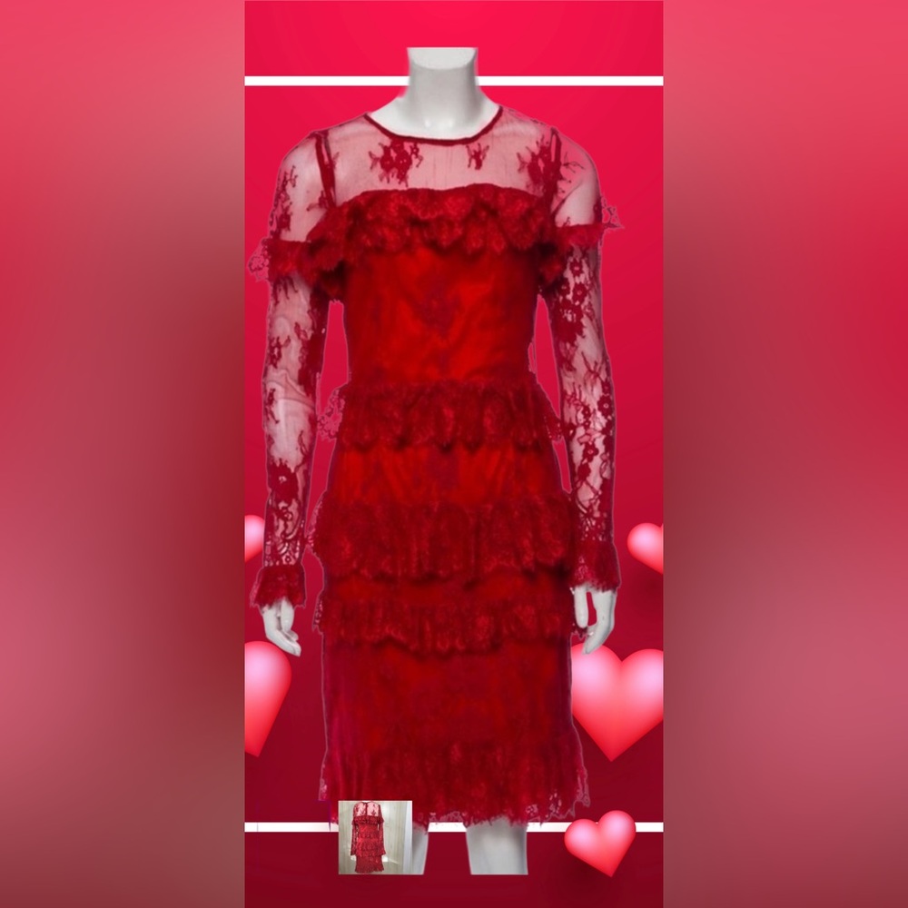 Saks-The Edit S Elegant fitted, tiered  Red Lace Dress S